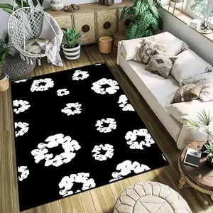 Small T-Tears Black & White Floral Design Anti-Slip Kitchen Bedroom Denim Handmade Tufted Rug for Living Room Entrance Decor