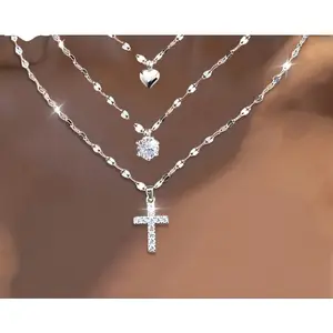 3-piece lip chain cross and heart pendant necklace set - Coconut snow chain, the perfect party accessory, a year-round jewelry gift for Valentine's Day and Mother's Day