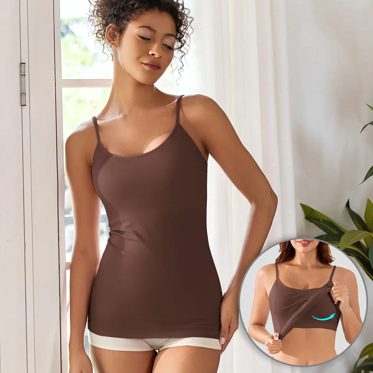 V FOR CITY Women Built in Bra Camisole Tops Adjustable Spaghetti Strap Tank Top Seamless Padded Cami Shirts