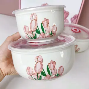 3 pieces Floral Design Ceramic Bowl Set with Lids for Soup Salad Rice Pasta Microwave & Dishwasher Safe Porcelain Aesthetic Gift Set