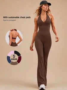 Women's Yoga Jumpsuit Halter Neck Sexy Hot Girl Sleeveless Open Back Sports Jumpsuit High Elastic Soft Comfortable Removable Padded Breathable Lace Flared Jumpsuit Butt Lifting Tummy Control Gym Outdoor Running Training Pilates Jumpsuit