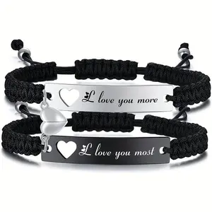 Lumina Romantic Couple Bracelet Set, Engraved Love You More Love You Most, Adjustable Braided Rope, Anniversary & Valentine’s Day Gift