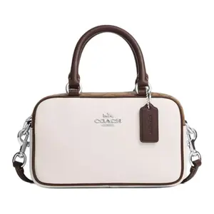 Coach Satchel 18 in Smooth Leather and Coated Canvas with Logo Zipper Closure, Small Bowling Bag for Women in Silver and Chalk Multi-Color