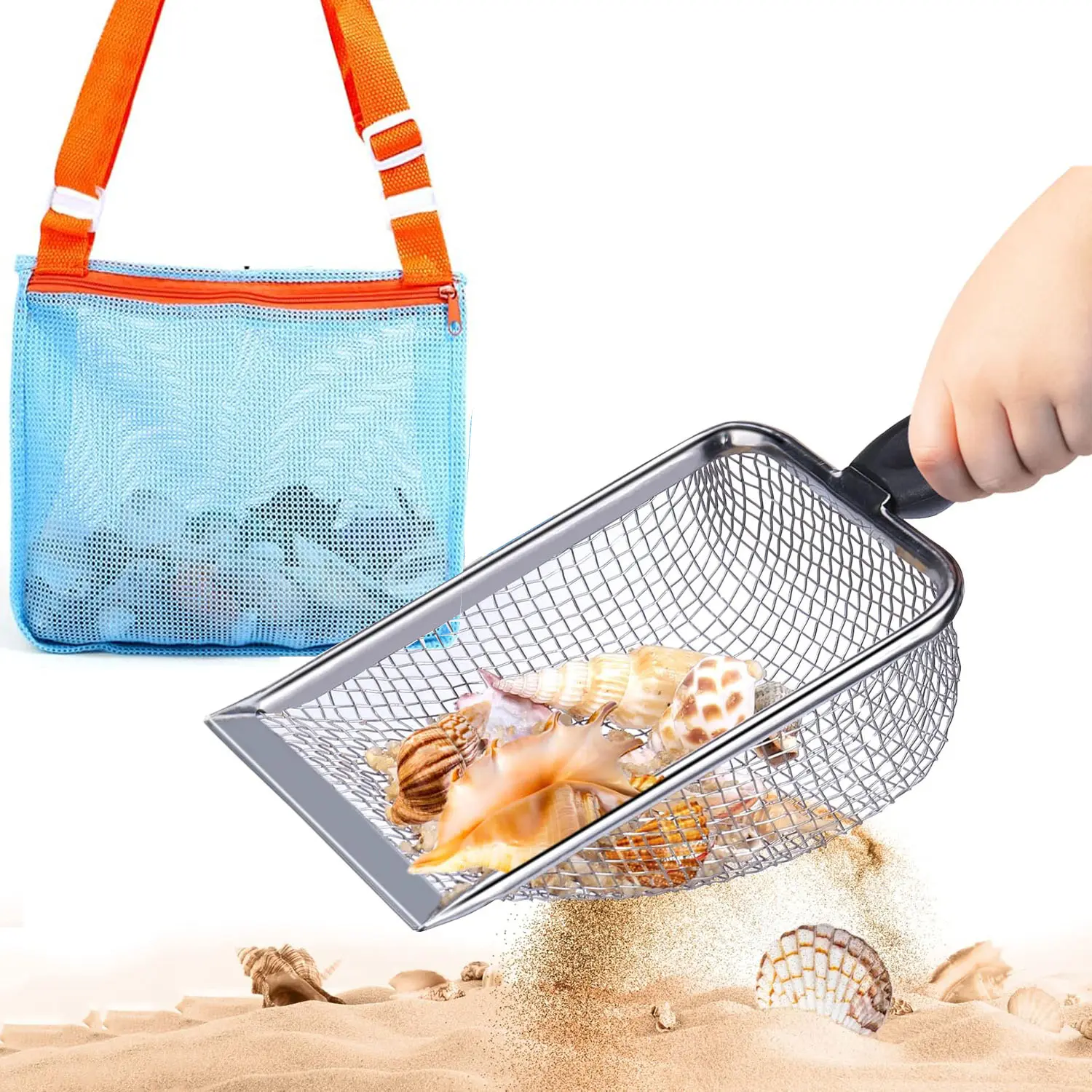 Beach Mesh Shovel and Mesh Beach Bag Set - Kids Shell Collecting Sifter Dipper, Durable Mesh Sand Scooper for Boys & Girls, Filtered Shell Picker for Beach Outings and Sand Play