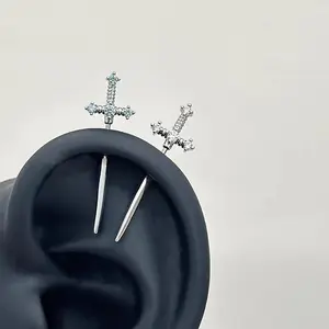 Super cool shackled sword demon ear stud, medical titanium steel ear bone stud, vertical ear stud for women with a niche design piercing Sparkly Moissanite Grillz Jewelry