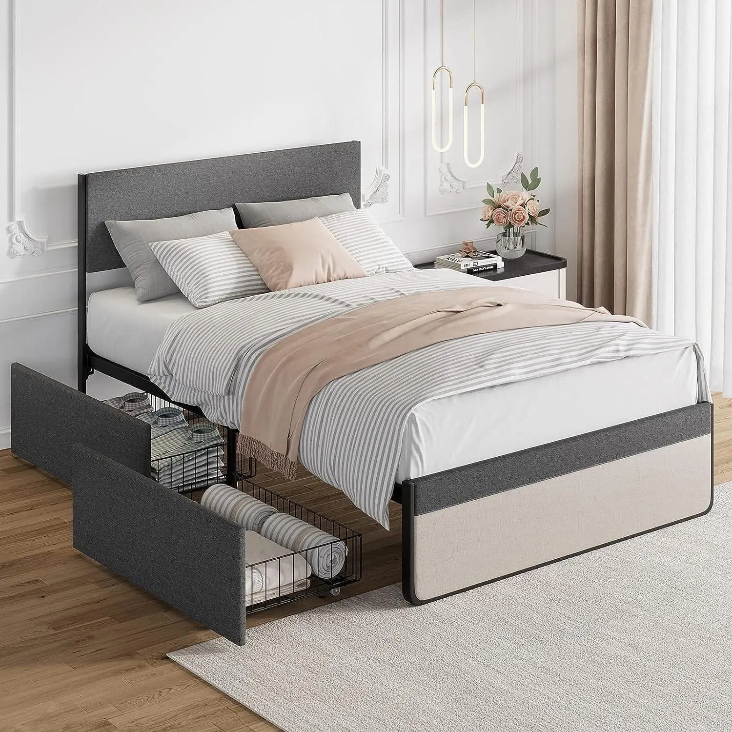 Gaomon Queen Size Contemporary Upholstered Bed - Modern Metal Platform Bed Frame with Adjustable Stylish Upholstered Headboard, 2 Storage Drawers, Silent Steel Slat Support, 6"-14" Mattress Compatible, No Box Spring Needed, Space-Saving, Assembly Required