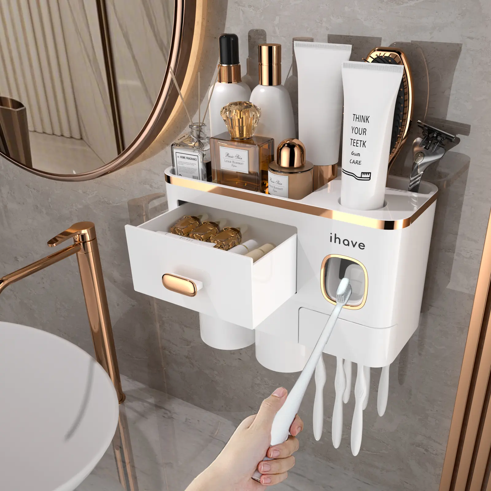 Ihave 2/4 Bathroom Toothbrush Holder, Toothbrush Holders Wall Mounted 2/3/4 Cup Toothbrush Rack with Toothpaste Dispenser, Large Capacity Tray, Cosmetic Drawer, Toothbrush Storage, Toothbrush Organizer, Bathroom Accessory, Home Goods