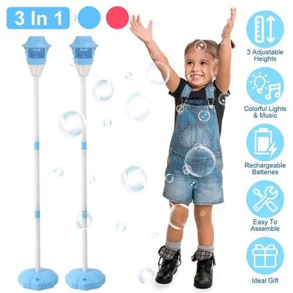 2 Pack 3 In 1 Standing Rechargeable Bubble Machines, Bubble Maker Stand with Colorful Lights, Music, 2 Working Modes & 3 Adjustable Heights for Wedding Party-5463,outdoor,recreation,equipment