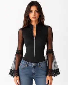 Perfect for Hiking & Festivals! Black Lace Bell Sleeve Zip-Up Top, Breathable Sheer Mesh Outdoor Sportswear for Women