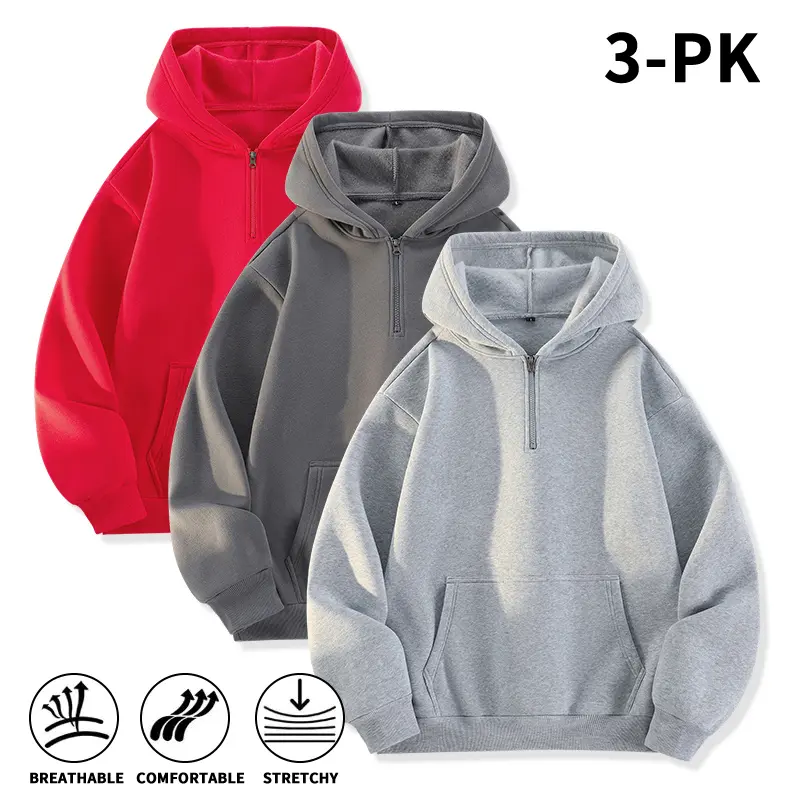 3 Pack Solid Color Half Zip Hooded Sweatshirts with Kangaroo Pocket, Soft Skin-Friendly Quarter Zip Pullover Hoodies, Loose Fit Tops for Young Men, Teen Boys & Adult Males, Fall Winter Workout, Outdoor & Casual Streetwear sport