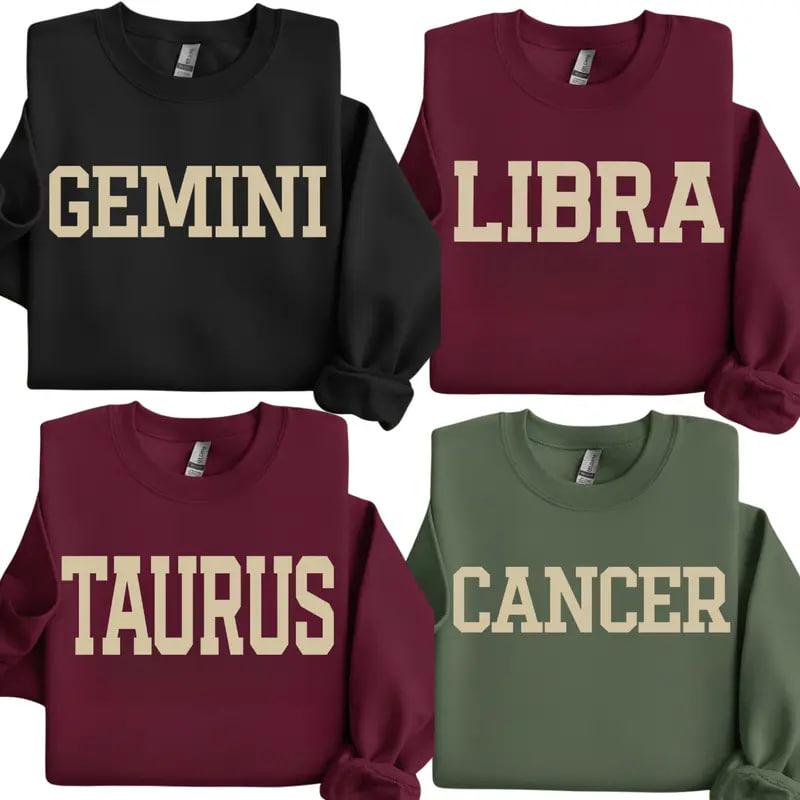 Full 12 Zodiac Sweatshirt Collection – Astrology Sign Crewneck for Men and Women, Cozy Horoscope Pullover with Bold College Letter Design, Perfect Gift for Zodiac Lovers
