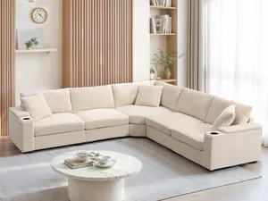 128" U Shaped Sectional Sofa with Ottoman, 6-Seat Chenille Couch Set with Hidden Armrest Storage & Cup Holders, Oversized Modular Sofa with USB Charging Ports, Wide Seat Corner Sofa for Living Room, Apartment