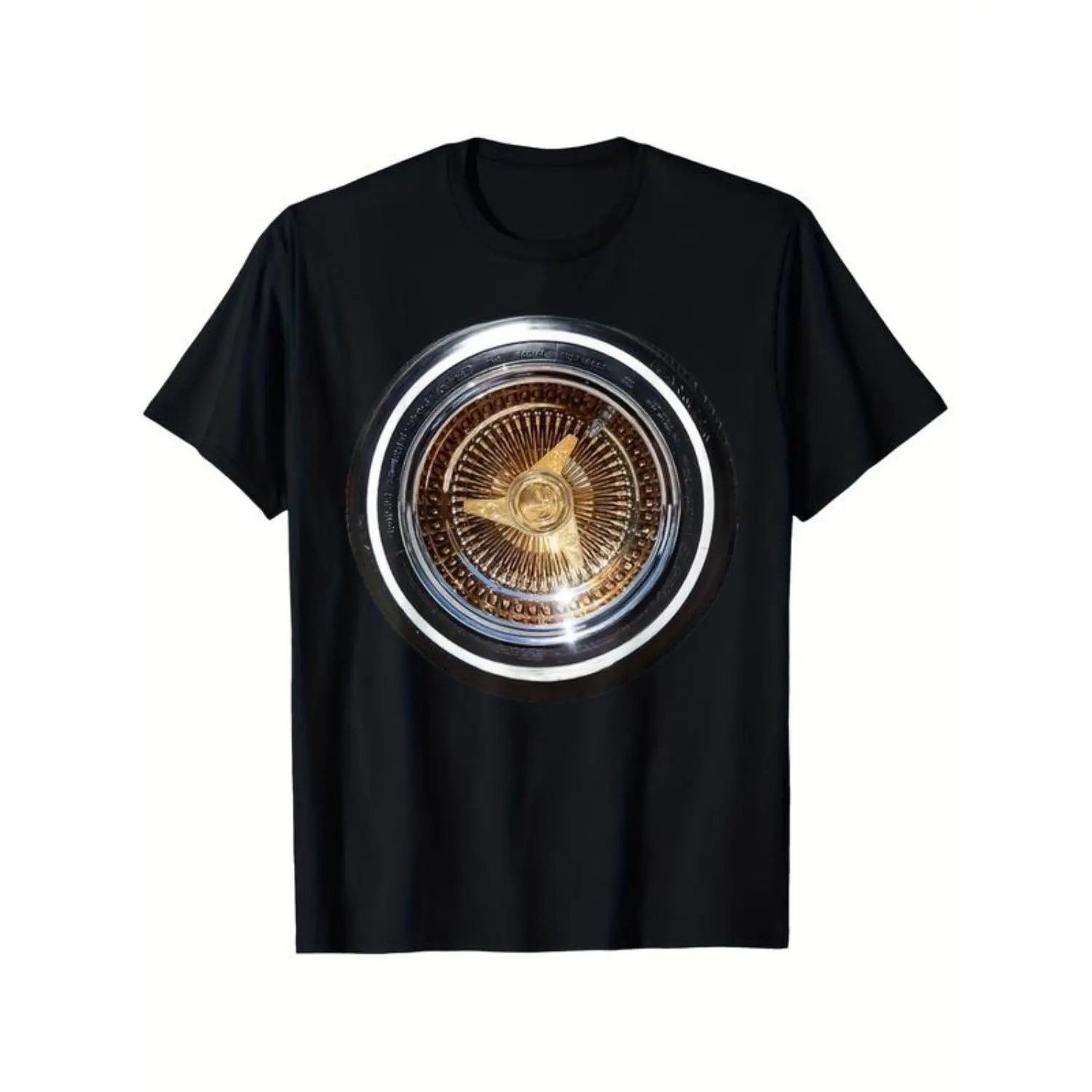 Unisex Lowrider Wheel TShirt Crafted from 100 Cotton Featuring Retro 80s 90s Car Hubcap and Golden Rim Designs Available in S XXXL Sizes Ideal Casual Streetwear for Car Enthusiasts and Family Matching