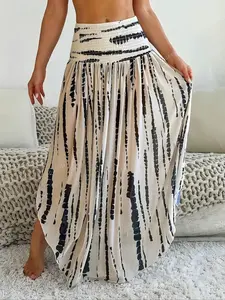 Women's Boho Print Knit Waist Cinched Maxi Long Skirt, High Gram Weight Hem, Spring Summer Fashion Versatile Piece, Shirred Design, Bohemian