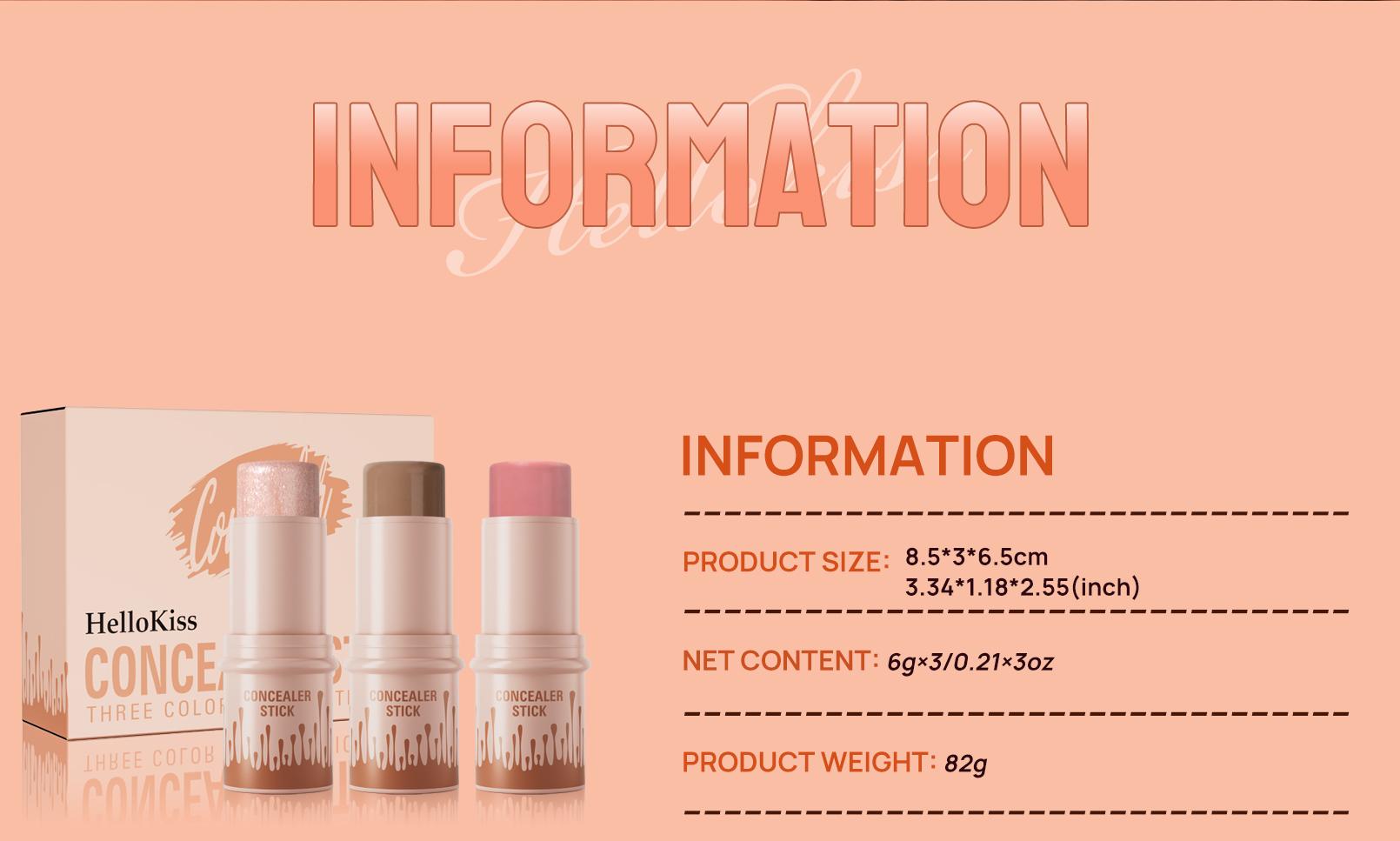 HelloKiss 3-Piece Contour Stick Set Highlight Contour Blush Stick Cream Blush for All Skin Tones Makeup Cosmetic Long-Lasting Transfer-Proof Buildable Formula - Blend, Brush