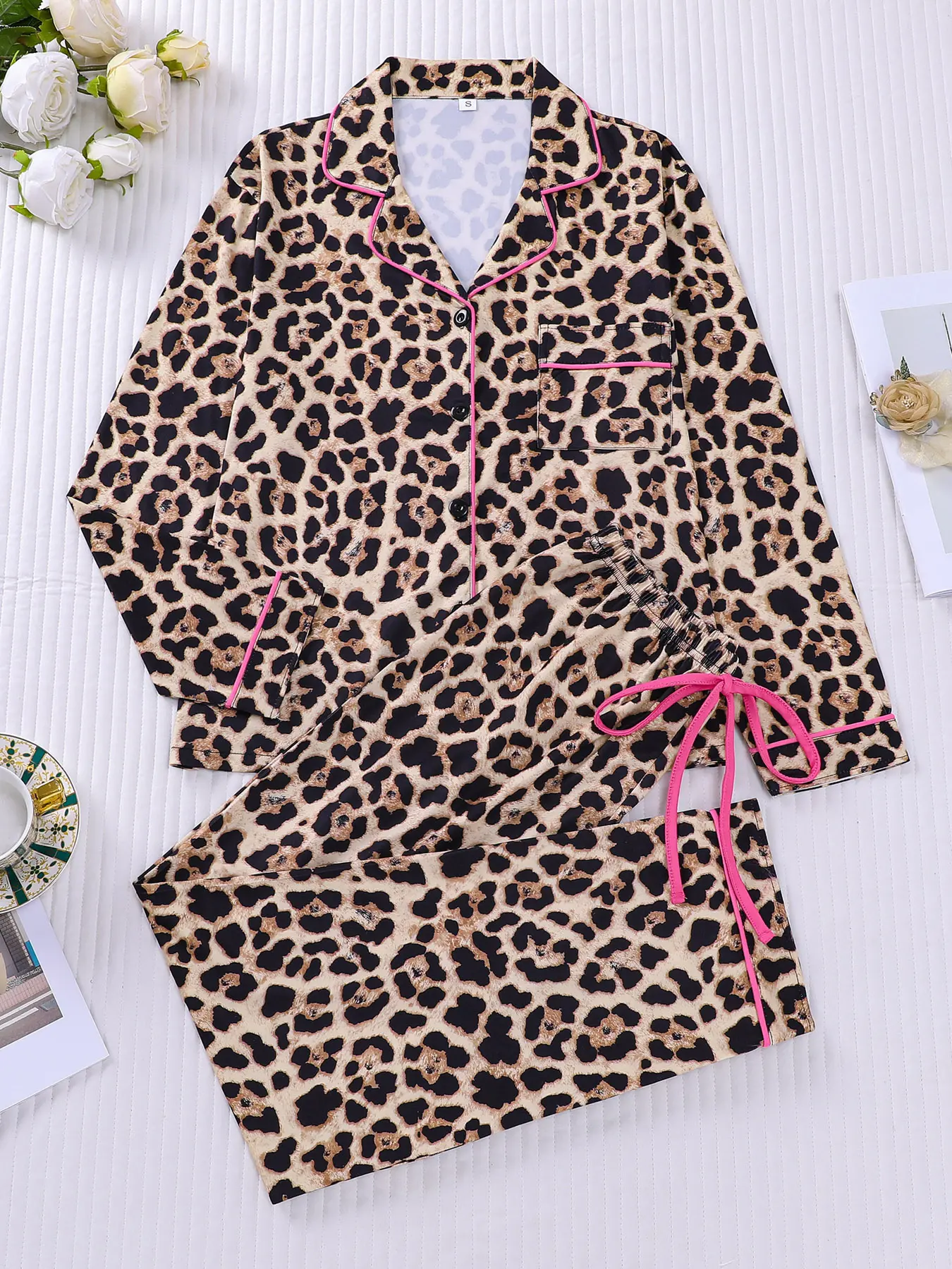 2-piece set, Leopard Print Loungewear, with classic leopard print, Knitted, Collared, pink long sleeved pants, skin-friendly top, Small pocket, button closure, butterfly knot, adjustable waistband, casual home wear, pajama
