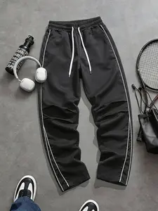 Summer Fashion Casual Sports Pants Men's Loose Version Black Side Stripe Design with White Decorative Strip Comfortable Casual Trousers Gym Pants