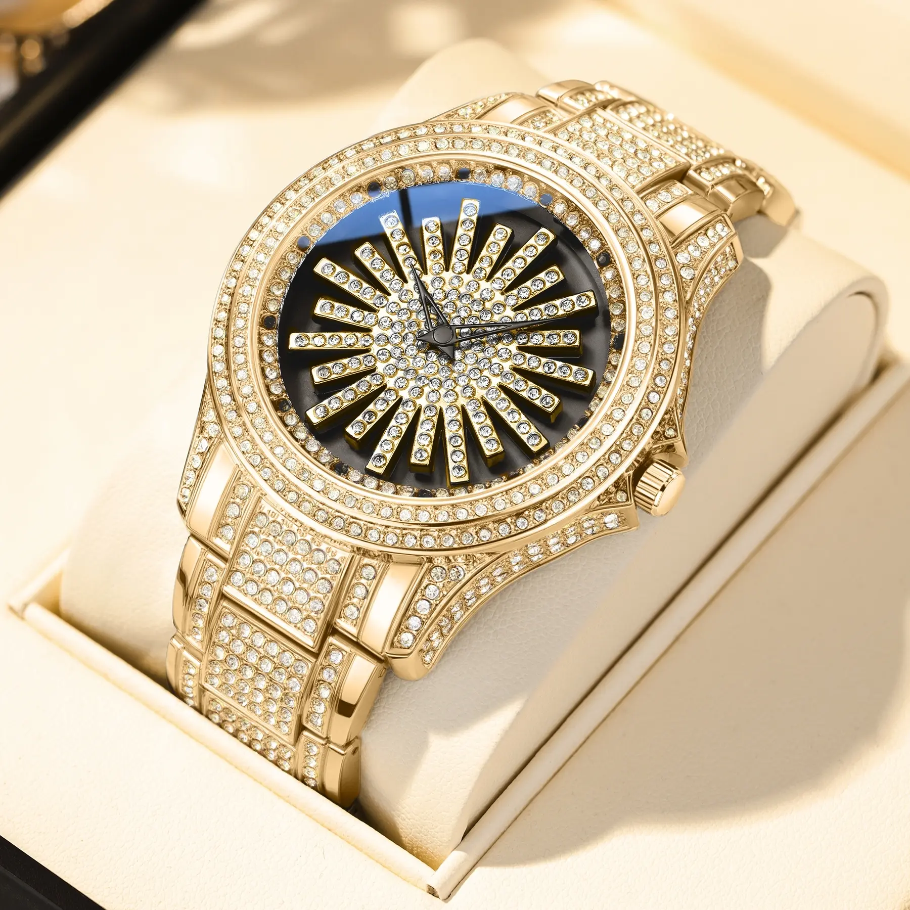 Men's Iced Out Moissanite Watch, Rotating Bezel Gold/Silver Diamond Dial Hip Hop Luxury Jewelry Gift for Men