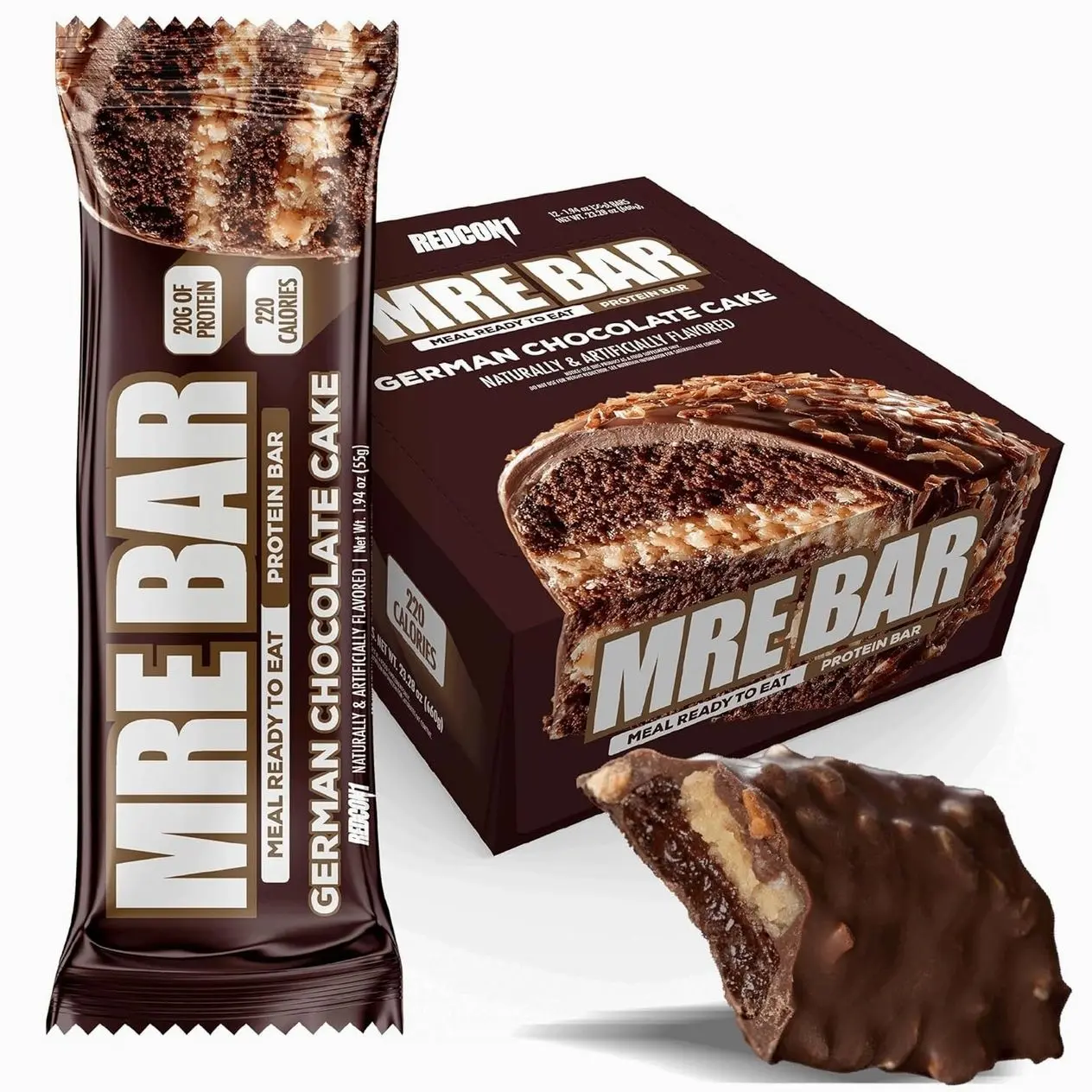 REDCON1 MRE Protein Bars German Chocolate Cake - 12 Count, 20g High Protein Snack - Nutrition Bar - On-The-Go Breakfast or Post-Workout Snack