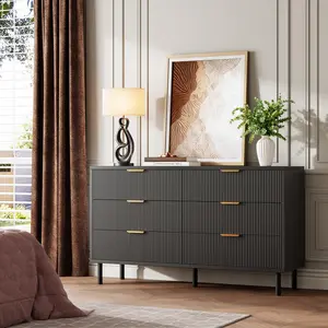 YJ-Garvee Wave Fluted 6 Drawer Dresser, 55'' Wide Chest of Drawers with Anti-Tipping Device, Large Wood Nightstand with Storage and Metal Legs for Bedroom, Hallway, Entryway, Small Spaces, Black