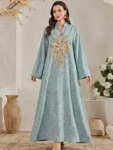 New Middle Eastern Muslim Sequin Floral Embroidery Dress, Fashion Leopard Print Dress, Stylish and Elegant Evening Wear, Classy Modest Dresses