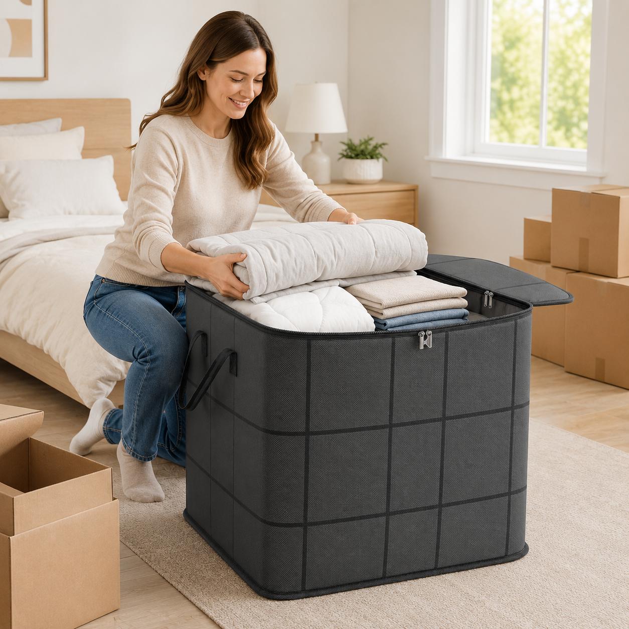 Spacious Moving Storage Bin, Zippered Organizer for Quilts, Bedding & Sweaters, Large Capacity Fabric Bag for Moving Day, Closet & Bedroom Use Spacious Moving Storage Bin, Zippered Organizer for Quilts, Bedding & Sweaters, Large Capacity Fabric Bag for Moving Day, Closet & Bedroom Use