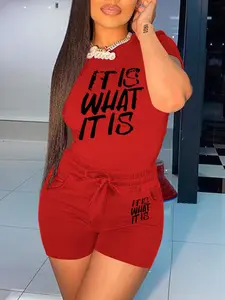 Women's Fashion Spring Summer Sport Casual Athletic Fashion Activewear Solid Color New Pocket Two-Piece Set, Short Sleeve High Waist Slim-Fitting Letter Pattern