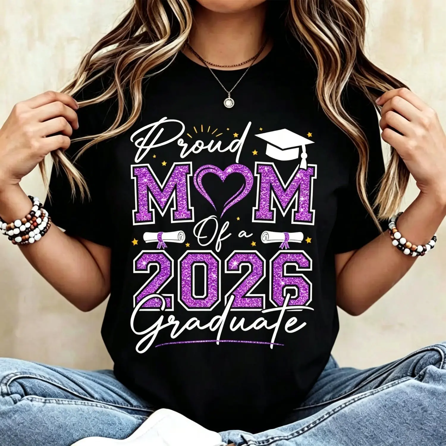Proud MOM of 2026 Graduate T-Shirt - Black Suitable for Graduation Gift with Blue Cap & Diplomas Design, Comfortable Crew Neck Casual Shirt for Mother, Year-Round Celebration Apparel for Family Events and Diploma Presentation