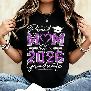 Proud Mother of 2026 Graduate Cotton T-Shirt Black Suitable for Graduation Gift Featuring Blue Cap and Diplomas Design Comfortable Casual Crew Neck Wear for Family Celebrations and Academic Honors funny men