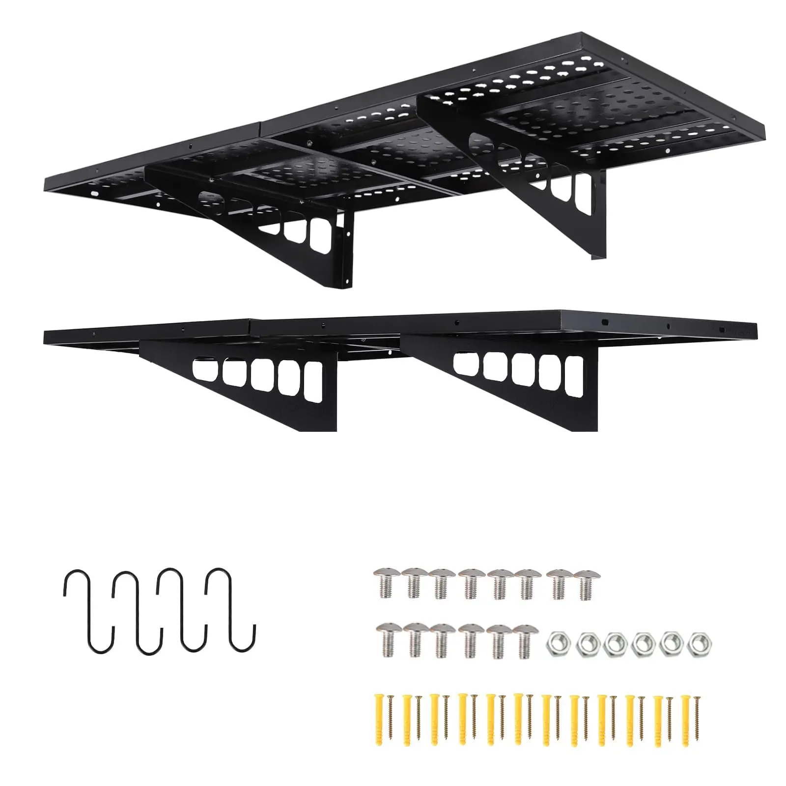 2-Pack Steel Wall Floating Shelves Set, 20x48in Heavy-Duty Easy-Mount Bracket-Mount Metal Shelving with 560 LB Capacity & 4 Bike Hooks, Multifunctional for Garage Organization Overhead Storage
