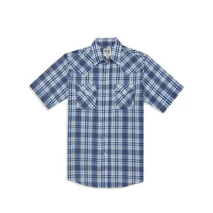 Men's Ely Cattleman Short Sleeve Aztec Plaid Western Snap Shirt- Blue & Red