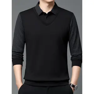 Men’s casual long-sleeve polo shirt — polyester–spandex blend, lapel collar, slight stretch striped fabric, regular-fit knit half-placket pullover for spring/fall; baggy shirt, great as a gift for guys; cozy T-shirt suitable for business and office wear.