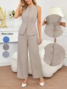 Women's Solid Color Button Front Vest & Wide Leg Pants, Elegant Fashion Casual Outfits for Daily Outdoor Wear, Women Clothing for Summer, Suits, Lady Womenswear