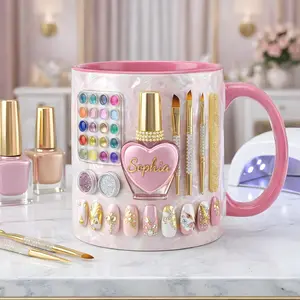 Personalized Nail Tech Mug 2D Printed 3D Effect Custom Name Coffee Cup Pink Heart Acrylic Nail Design for Manicurist Nail Artist, Beauty Salon Lovers Birthday Appreciation Gift for Her Coffee mugs, ceramic mugs,printed mugs, gift mugs, everyday mugs