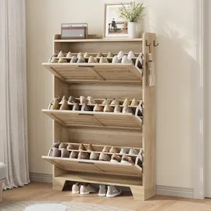 Garvee Narrow Shoe Cabinet Storage for Entryway with 2 or 3 Flip Drawers, Freestanding Slim Organizer with Hooks for Foyer, Hallway, Garage in Light Oak, Gray, or Black Finish