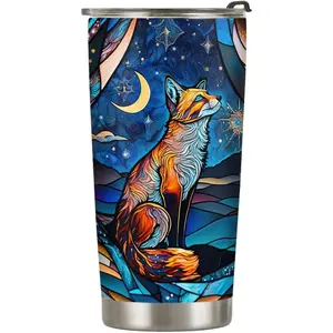 20oz Fox Gifts for Fox Lovers, Starry Moonlight Night Fox Tumbler Cup, Stainless Steel Insulated Travel Mug with Lid, Coffee Thermos for Women - E
