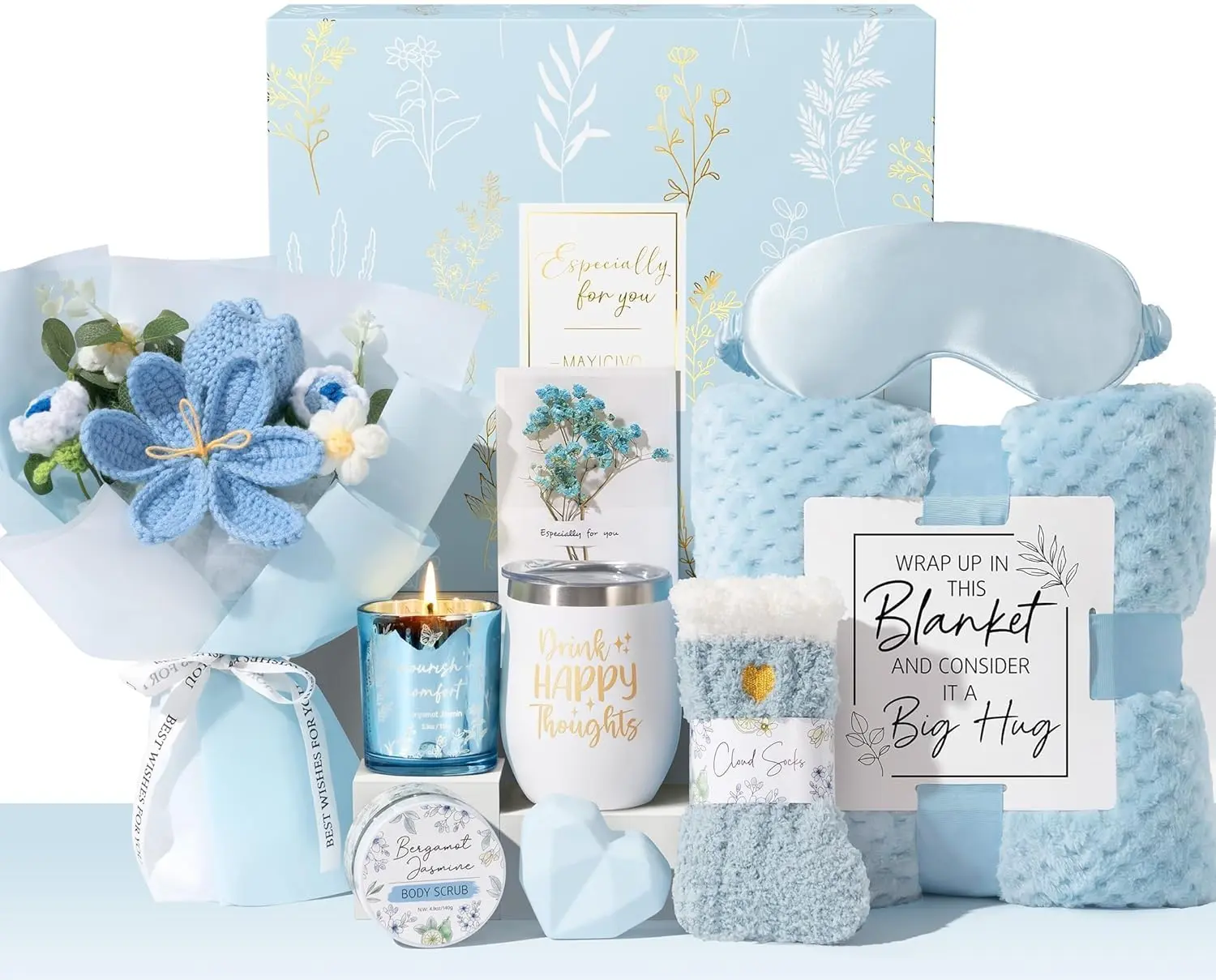 Mothers Day Birthday Gifts for Women Self Care Package Get Well Soon Gift Baskets, Thinking of You Sympathy Spa Gift Set w/ Crochet Flower Bouquet, Unique Gifts for Women Mom Sister Grandma Friends