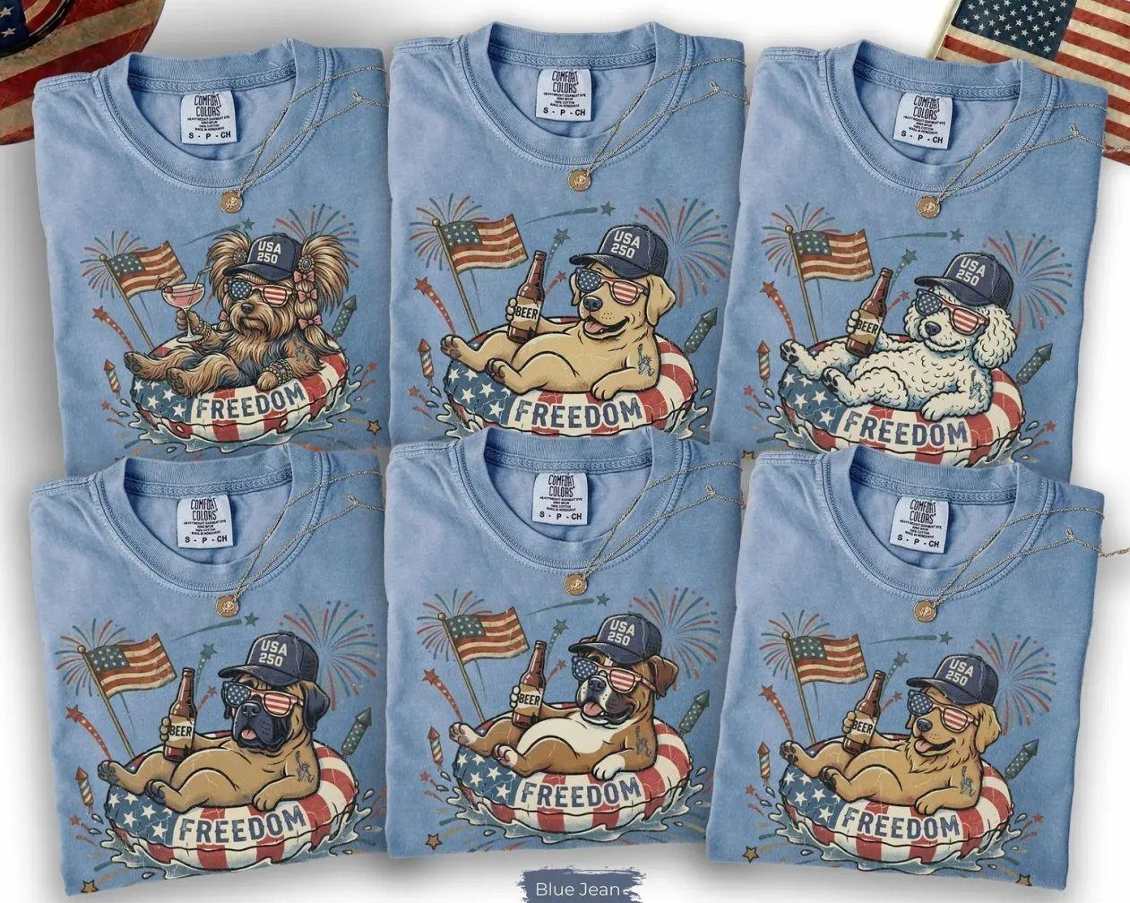 Vintage Patriotic Dogs 4th of July Comfort Colors T-Shirts, 50+ Breeds Available, Custom USA Flag Graphic Tee with Fireworks Design, Trendy Oversized Casual Outfit, Stylish Semiquincentennial America 250 Celebration Gift Top Perfect for Dog Lovers