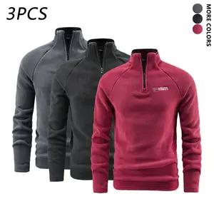 Men’s half-zip fleece pullover top, stand collar long-sleeve sweatshirt, solid color raglan sleeve design, lightweight warm fleece jacket, suitable for outdoor hiking and sports wear in autumn and winter.