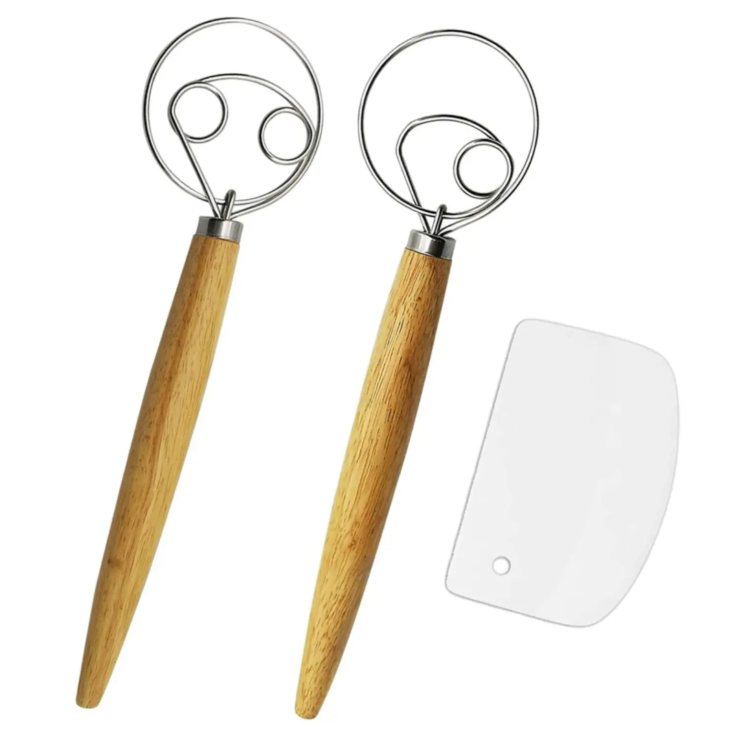 ​2 Pack Danish Dough Whisk Bread Mixer & Dough Scraper, Dutch Bread Whisk Hook, Pastry Whisks, Wooden Hand Mixer, Stainless Steel Sourdough Baking Tools for Bread, Batter, Cake