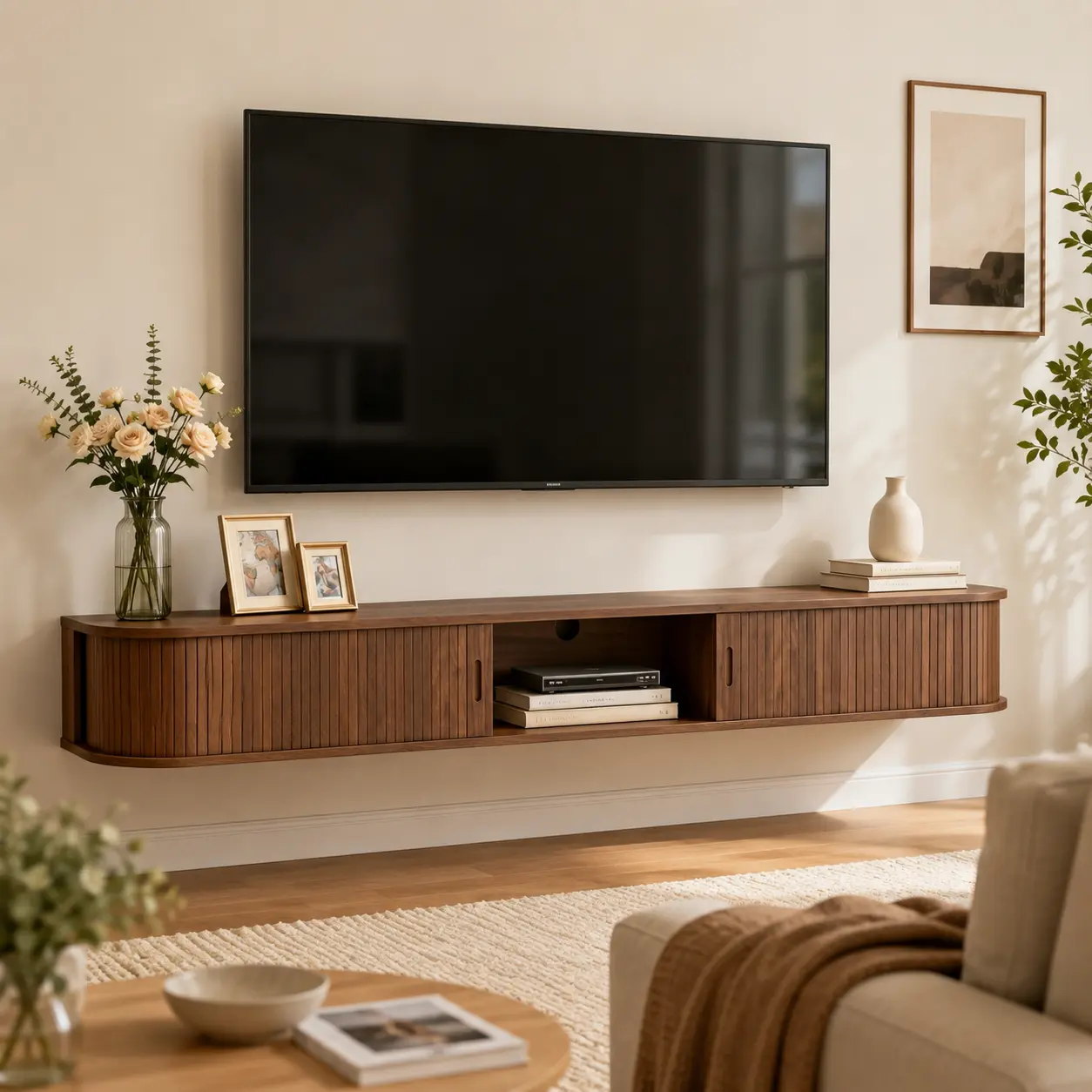 62.9-Inch Rectangular Wood Finish Wall-Mount TV Console Table, Floating Entertainment Center with RGB LED Lighting, Hidden Robot Vacuum-Compatible Contemporary Living Room Furniture