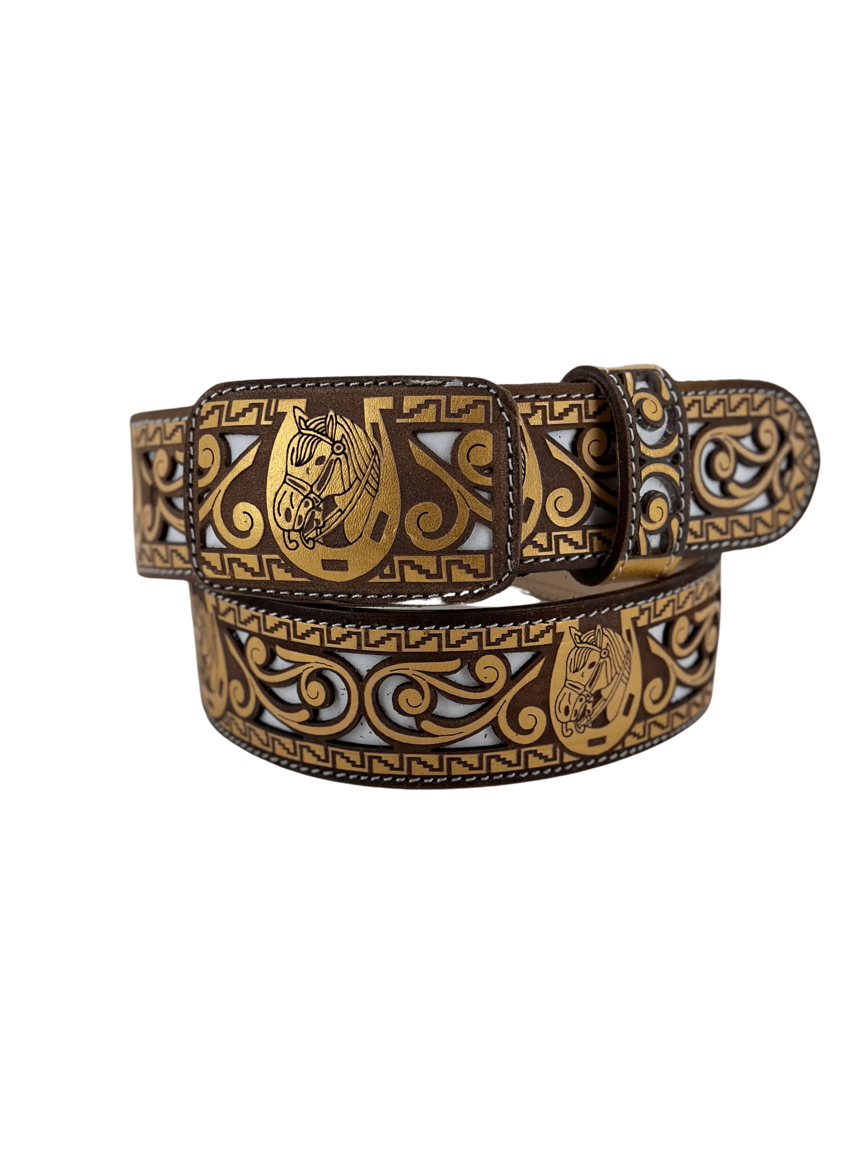 Brown and Gold Horse Head in Horseshoe Chiseled Charro Leather Belt