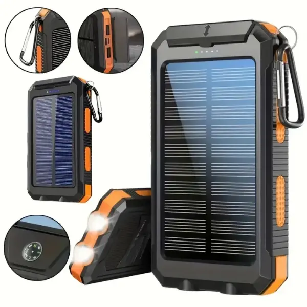 10000 mAh Chargeable Solar Power Bank with LED Flashlight, Compass, Hiking Buckle, USB-Type-C-Micro Interfaces for Mobile Phones & Electronic Devices, Travel Camping Phone Accessories