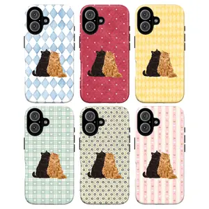 Cute Cat Duo Phone Case – Matching Couple Phone Case for iPhone 17 16 15 14 13 12 11 Pro Max X XR XS & Galaxy S25–S21 | Vintage Cottagecore Black & Orange Cats Aesthetic, Kawaii Cat Couple, Cute Pair Cat with Pastel Gingham Checkered Background