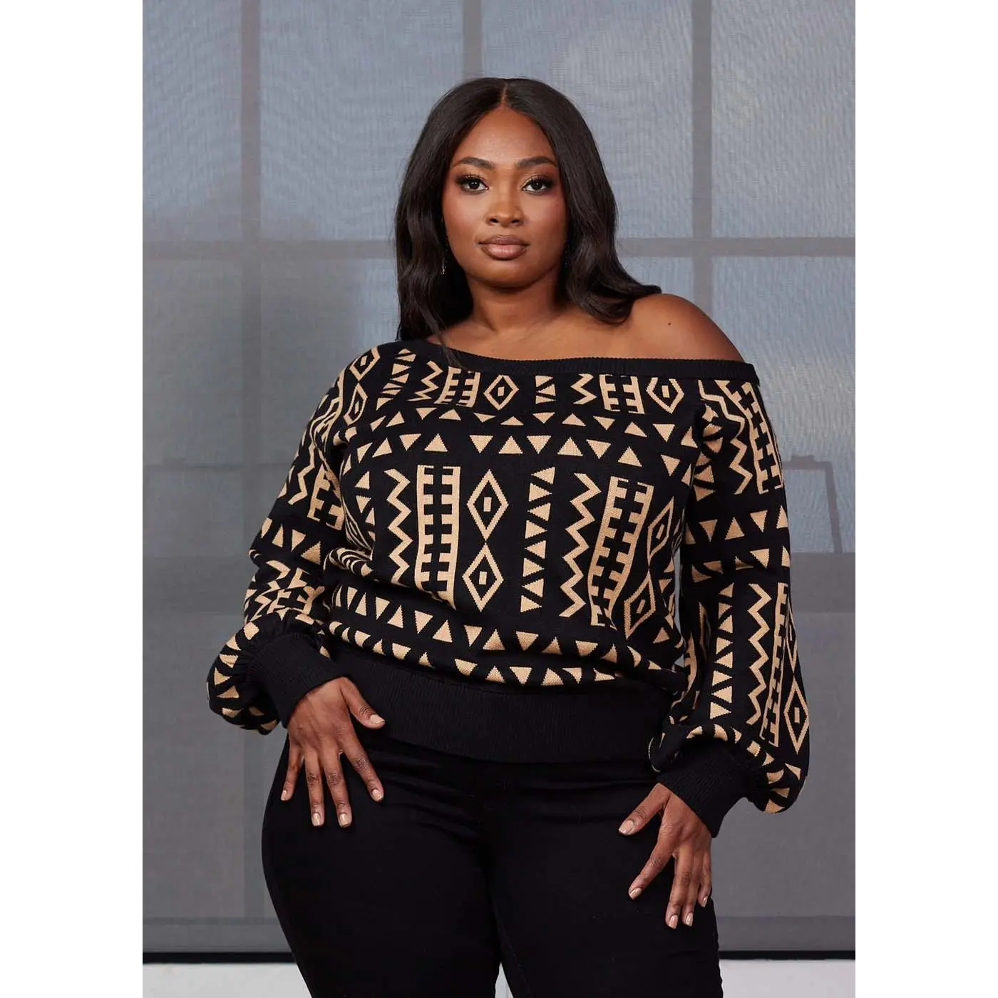 Hiba Women's African Print Off-Shoulder Sweater (Tan Black Tribal)