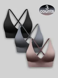 1/3 Counts Women's Back To School Solid Criss Cross Wireless Sports Bra, Strappy Sports Bra, Adjustable Shoulder Straps with Detachable Chest Pad, Two ways of wearing, Pushbra, Seamless Bras
