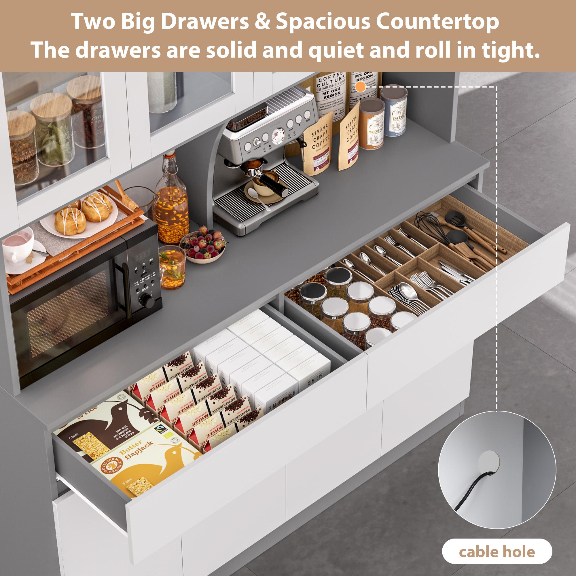 FOTOSOK  74.8" Tall Pantry Cabinet, 55.1" Wide Kitchen Pantry Cabinet  with 2 Drawers, Kitchen Hutch with Microwave Stand, Tall Storage Cabinet for Living Room, White