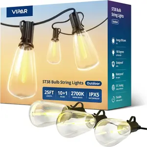 Outdoor String Lights 25FT LED Patio Lights IPX5 Waterproof with 10+1 ST38 Shatterproof Edison Bulbs, 2700K Connectable Outside Hanging Light for Porch, Garden, Backyard, Deck, Balcony, Decor