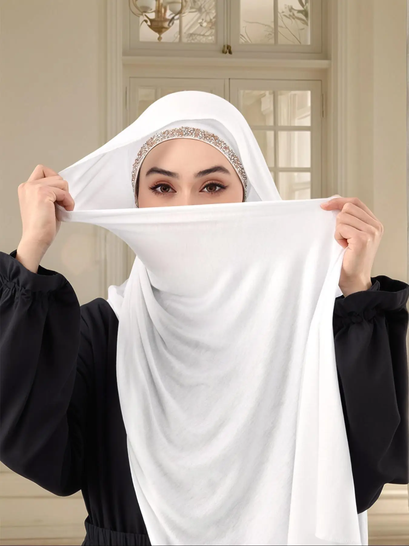 Women's Solid Color Rhinestone Decor Khimar, Modest Comfortable Muslim Hijab, Fashionable Soft Hijab for Daily Wear