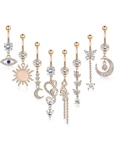 Elegant 8 Pcs Rose Golden Gentle Belly Button Rings 316L Stainless Steel Navel Bars for Women Men Dangle Curved Barbell Piercing Evil Eye Butterfly Sun Moon CZ Navel Rings Helix Body Piercing Long Belly Button Bars